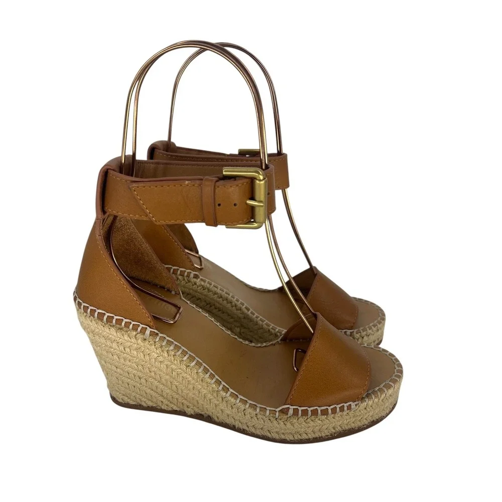 See by Chloe Glyn Leather Espadrille Wedge Sandals Brown Size 36